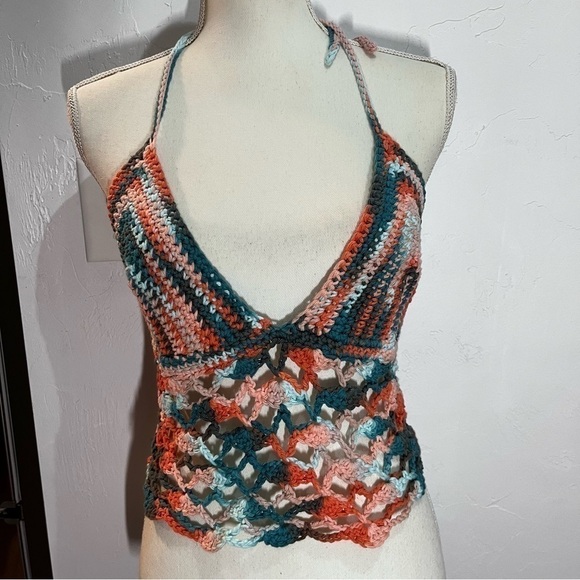 Tops - Boho Multi Colored Crochet Halter Top Lace Up Open Back